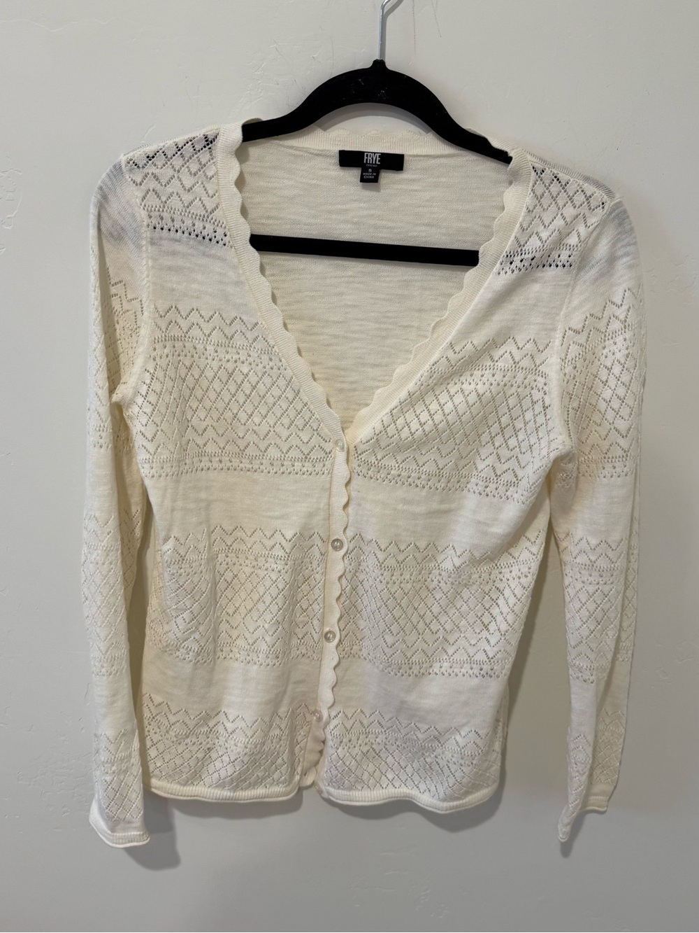 Frye Cream Scalloped V‑Neck Eyelet Cardigan Womens Small Cottagecore Cotton